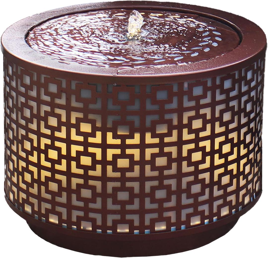 Sunnydaze Metal Cylinder Bubbler Outdoor Water Fountain - 14.25-Inch - Features LED Lights and Repeating Squares Pattern