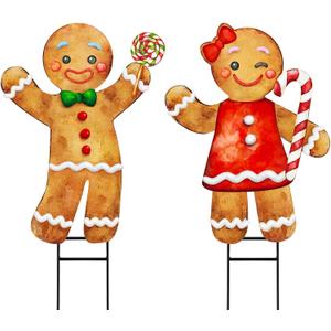 Christmas Decorations Outdoor, 2pcs Large Gingerbread Man Boy Girl Metal Yard Stakes Xmas Decor Ornaments, 29" Rustic Winter Signs for Lawn Garden Front Door Home Farmhouse Porch Outside