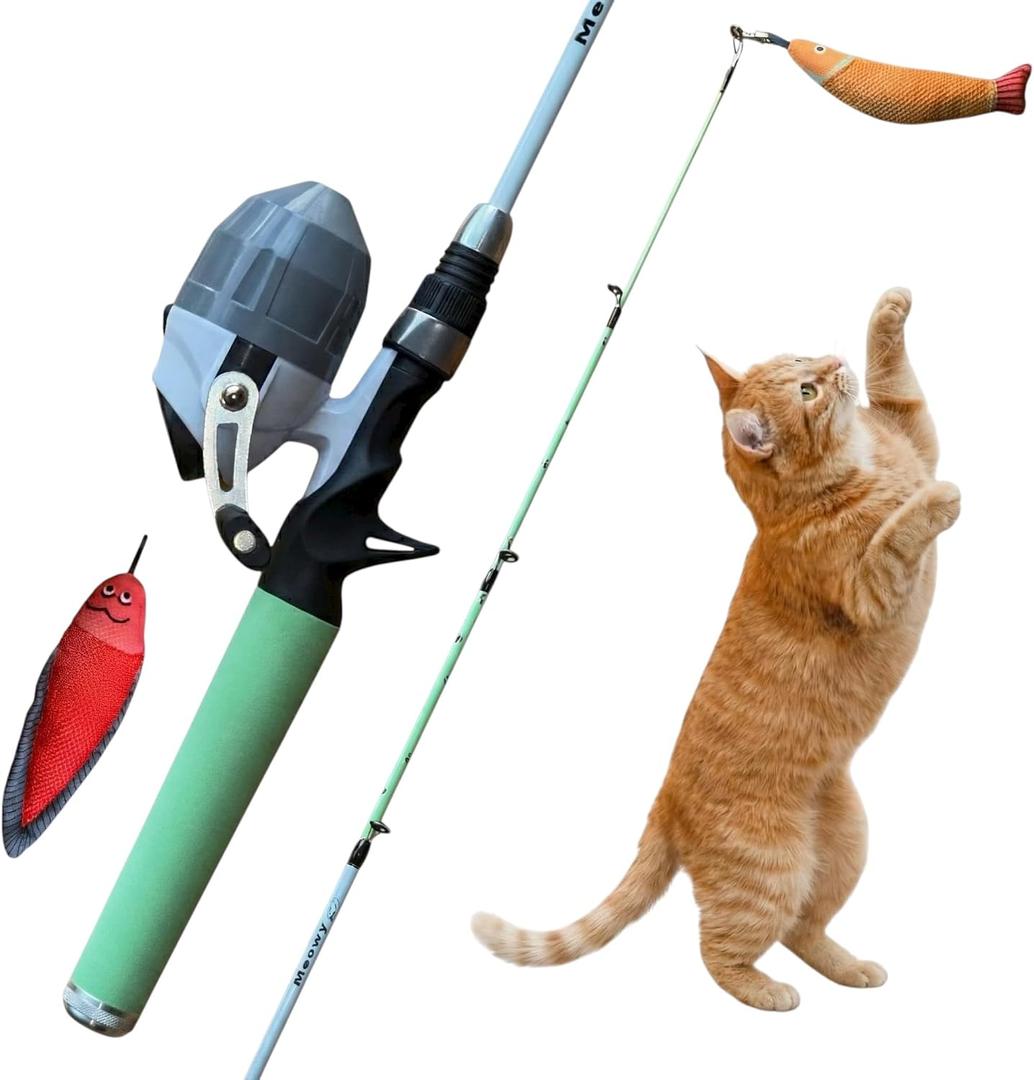 Meowy Cat Wand Toy Cat Fishing Pole Toy with Reel The Cat Fish Fishing Rod, Telescopic Fiberglass Interactive Teaser Wand for Indoor Cats with Catnip Dental Mesh Attachments