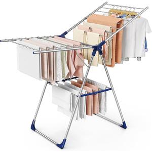 Sakugi Clothes Drying Rack with Height-Adjustable Wings, Metal Foldable Laundry Dryer Stand for Clothing & Bedding, Free-Standing Collapsible for Indoor & Outdoor Use, 55.5" L × 22.8" W, Silver Blue