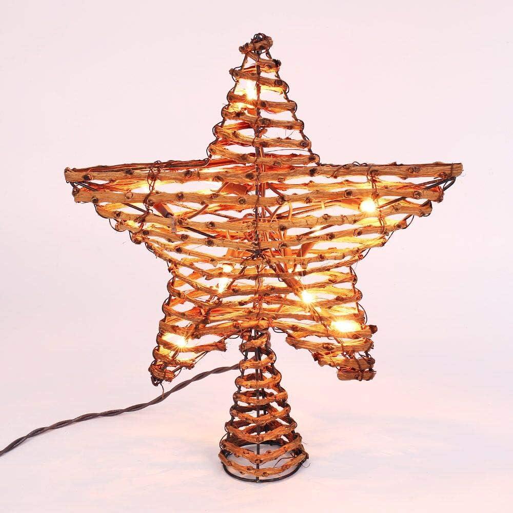 Brizled Christmas Tree Topper, 12-inch Rattan Star Treetop with 10 Warm White Lights, 120V UL Certified Xmas Tree-top Star Lights for Christmas Tree Ornament Indoor Party Home Decoration