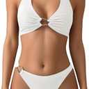 SOLY HUX Women's Halter Bikini Set V Neck Ring Linked Bathing Suit Summer Beach Two Piece Swimsuit (White, L)