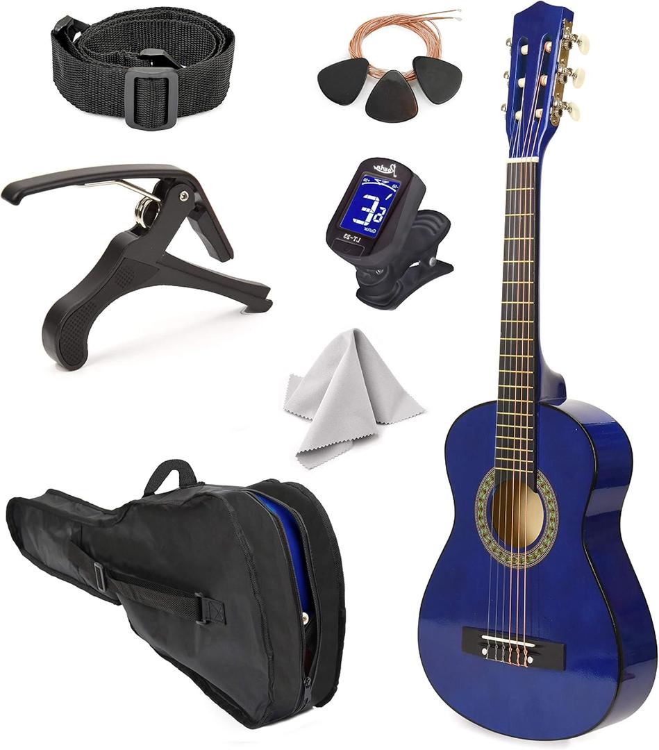 30" Left Handed Wood Guitar with Case and Accessories for Kids/Girls/Boys/Teens/Beginners (Blue)