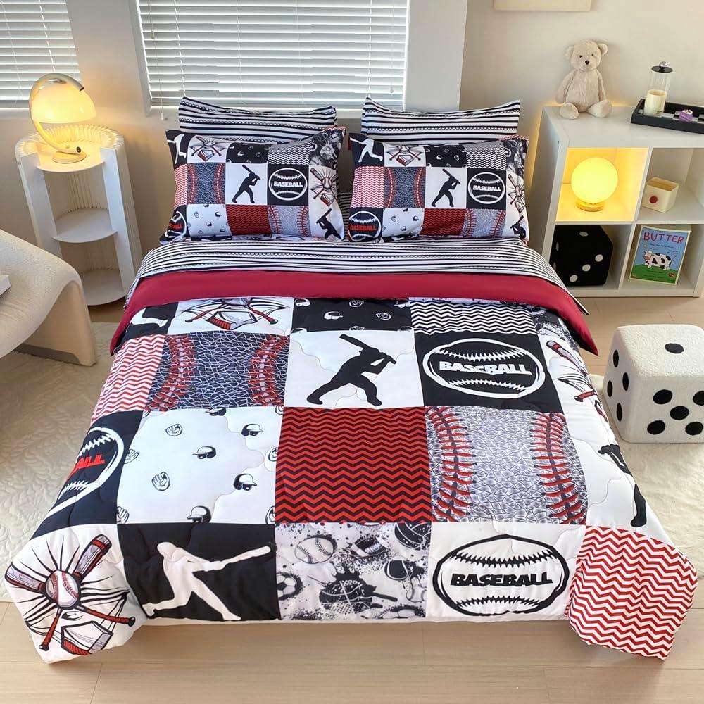7 Piece Baseball Comforter Set Bed in A Bag Full Size 3D Softball Sports Bedding Set for Boys Kids Microfiber Comforter All Season (1 Comforter, 1 Flat Sheet, 1 Fitted Sheet, 4 Pillowcase)