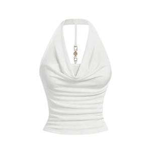 Milumia Women Ruched Halter Y2k Crop Tops Backless Cowl Neck Sleeveless Shirts White Medium
