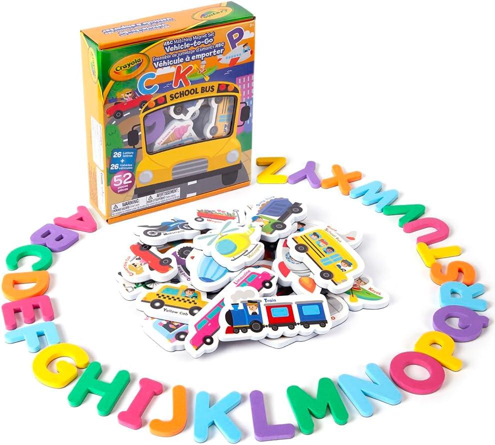 Crayola: ABC Matching Magnet Set – Vehicle-to-Go - 52pc Alphabet & Image Foam Magnets, Classroom & Home Education, Spelling-Learning, Toddler Kids 3+