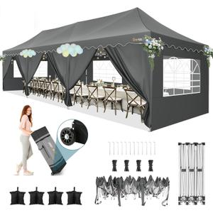 HOTEEL 10x30 Pop Up Canopy with 8 Sidewalls, Easy Setup Party Tent with Weight Bags, Wheeled Bag, Waterproof Event Shelter with Extra Roof Height for Backyard, Wedding (Green Gray)