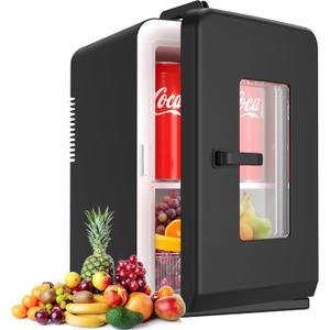 Mini Fridge, 15 Litre/21 Cans Small Fridge for Bedroom, Car, Office & Dorm, 110V AC/DC Portable Thermoelectric Cooler & Warmer for Skincare, Food, Drinks, Black