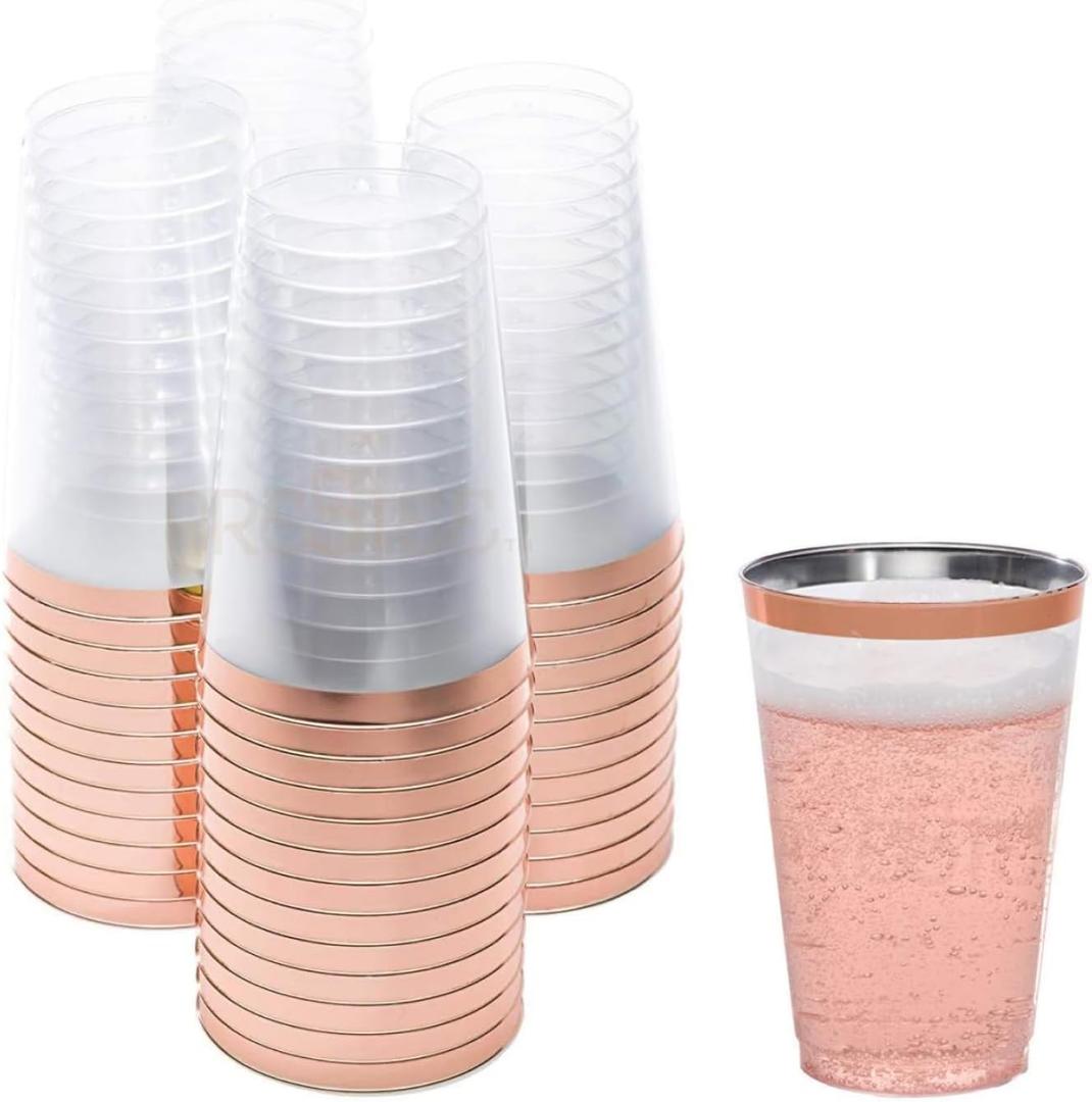 Prestee 50 Pack Disposable Plastic Cups 14 oz Rose Gold Rimmed Plastic Wine Glasses - Heavy Duty, Pink Rim Cup - Disposable Party Cups and Fancy Wedding Tumbler - Elegant Decoration Cup for Party