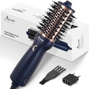 Aima Beauty Worldwide Travel Hair Dryer Brush 110-240V Dual Voltage Blow Dryer Brush Hot Air Brush Oval Barrel 360 Hot Airflow, Negative Ionic Frizz-Free Dry/Straightening/Voluming,Prussian Blue