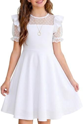 Seechoslo NEW 11-12 Years Girls Dress Mesh Polka Dot Ruffle Sleeve A-Line Party Skater Dress Wedding Guest Graduation Formal, White