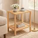 BreezeHug Rattan Side Table, 22 x 14 x 24 Inch Rectangular Wicker End Table, Natural Woven Boho Coastal Accent Nightstand with 2 Tier Shelf, Farmhouse Bedside Nightstand for Bedroom Living Room Decor
