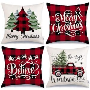 GEEORY Merry Christmas Throw Pillow Covers 20x20 Inch Set of 4, Xmas Trees Truck Buffalo Plaid Believe Farmhouse Decorative Cushion Cases for Home Decoration G421-20