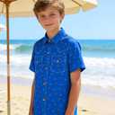 Boys Short Sleeve Button Down Shirt Casual Woven Summer Boys Dress Shirts with Two Pockets for Kids 5-12 Years