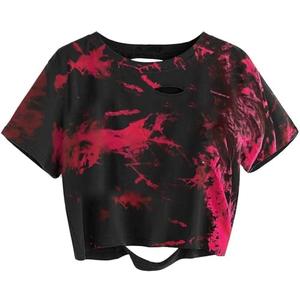 Avanova Women Distressed Loose Crop Top Oversized Short Sleeve Ripped Tee Shirt M