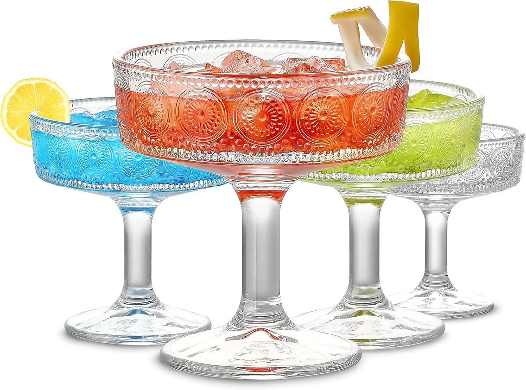 Mfacoy Vintage Coupe Glasses Set of 4, 7 oz Embossed Floral Martini Glasses, Unique Cocktail Galssware, Bar Drinking Glasses Set Pefect for Champagne, Cocktail, Martini,  Mfacoy Vintage Coupe Glasses Set of 4, 7 oz Embossed Floral Martini Glasses, Unique Cocktail Galssware, Bar Drinking Glasses Set Pefect for Champagne, Cocktail, Martini,