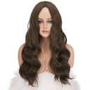 FESHFEN Long Medium Brown Wigs for Women, 24 inch Middle Parting Synthetic Wavy Wig for Daily Party