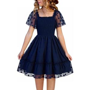 Girls Dress Summer Puffy Sleeve Embroidery A Line Chiffon Double Layer Smocked Shirred Kids Party Dresses, Size 14-15 Y