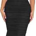 Women's Sexy V Neck Tie Halter Mesh Ruffle Hem Ruched Bodycon Cocktail Party Maxi Dresses , , BlackM