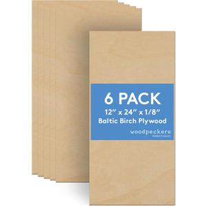 3 mm Baltic Birch Plywood 1/8 x 12 x 24 Inch, Box of 6 B/BB Grade Craft Wood, Stronger Than Basswood Sheets, for Laser, CNC Cutting and Wood Burning, by Woodpeckers