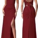 Women Sexy Mesh Tie Low Back Sleeveless Split Ruched Maxi Dress Party Cocktail Long Dress Wedding Guest Dresses (Medium, Wine Red)