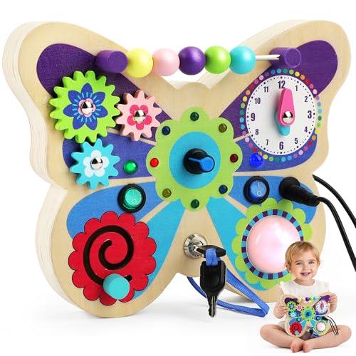 TOY Life Toddler Montessori Busy Board, Wooden Butterfly Sensory Board Toys with LED Light Up Switchs, Baby Busy Fidget Boards Travel Toys, Easter Birthday Gifts for 1+ Year Old Kids Girls Boys