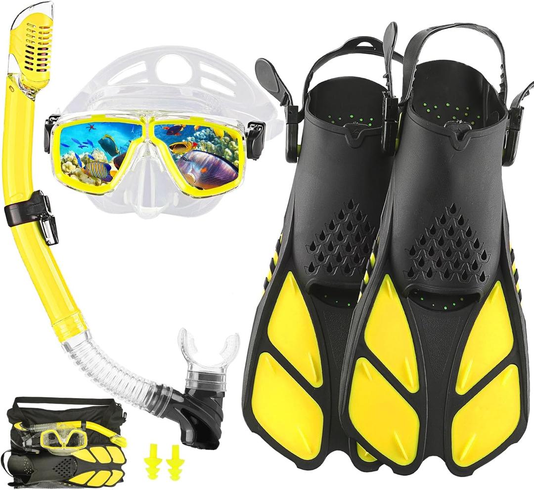 Snorkeling Gear for Adults with Fins Scuba Diving Gear Adult Professional Travel Snorkel Sets with Flippers,Anti-Fog Anti-Leak Diving Mask (US Men 4-8.5 | US Lady 6-9.5, Yellow)