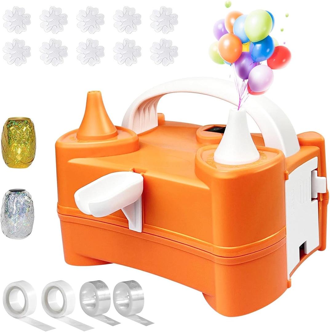 Electric Air Balloon Pump, Portable Balloon Inflator Pump for Balloons, Dual Nozzle 110V 600W Balloon Blower Pump Kit for Birthday Party Decorations, Weddings, Festivals and Party (Orange)