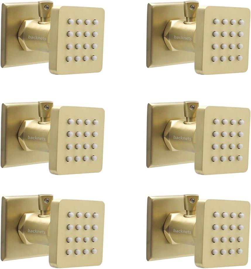 Solid Brass Square Shower Body Sprays with On Off Switch Brushed Gold Shower Jets 6 Pcs Massage Nozzle Jet Wall Mount, Flow Can Be Controlled, Showerhead Can Swivel