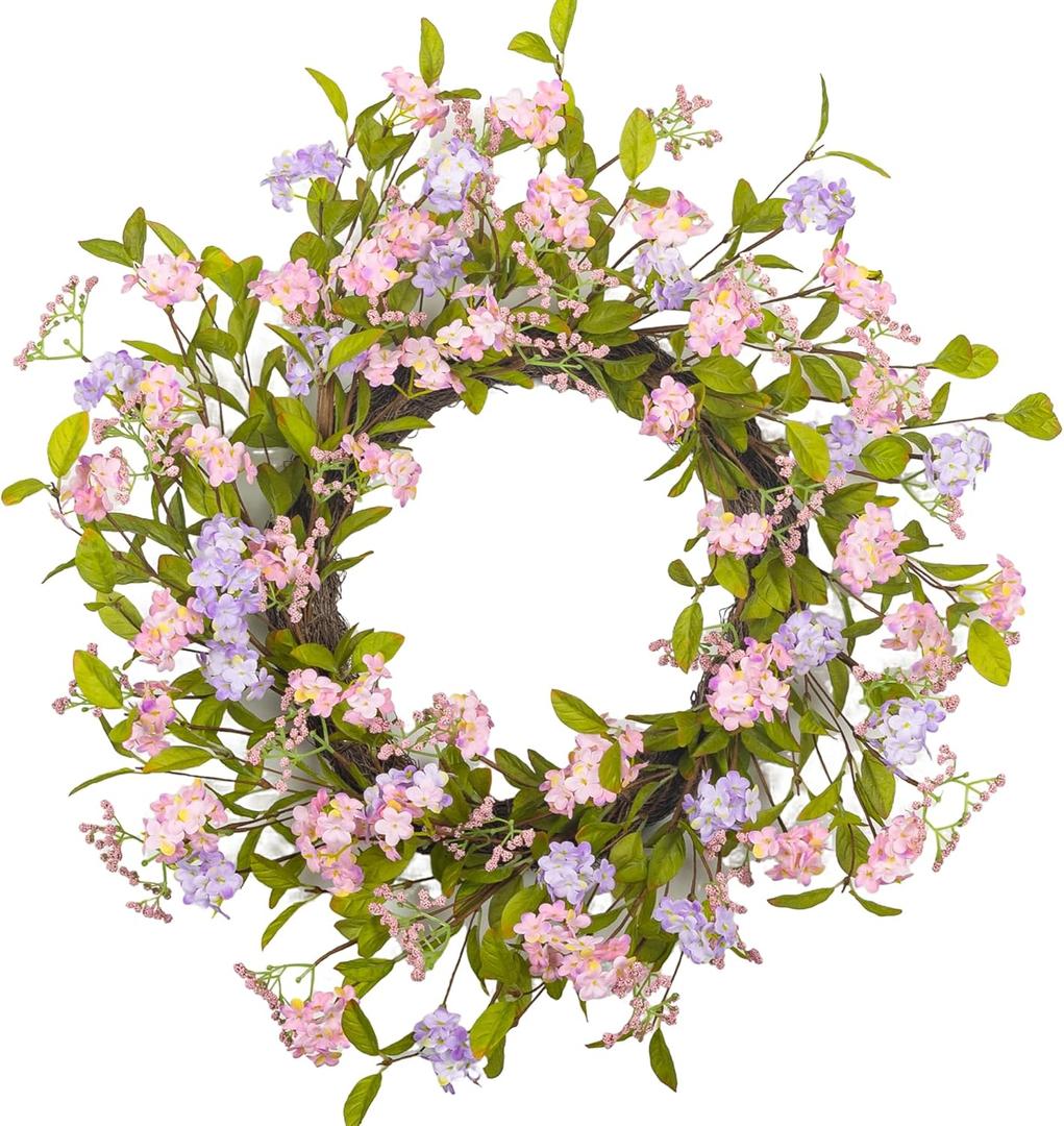 22" Spring Wreath for Front Door Lush Summer Floral Pink Cherry Blossom Purple Lilac Grapevine Base Artificial Wreaths for Outdoor Indoor Easter Decor