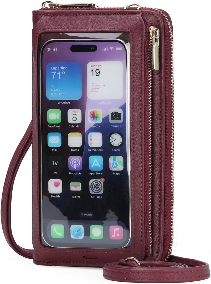 GOIACII Phone Purse Crossbody Bags for Women Small Travel Wallet Touch Screen RFID Blocking (Wined Red)