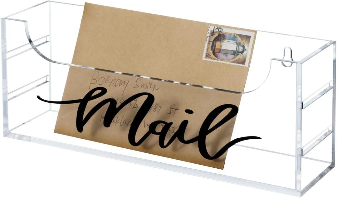 MyGift Premium Clear Acrylic Mail Holder with Decorative Black Cursive Mail Label, Modern Wall Mounted or Tabletop Mailbox, Letter Storage Organizer Box