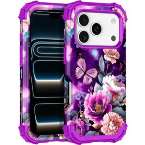 LONTECT for iPhone 17 Pro Case Shockproof 3 in 1 Heavy Duty Rugged Hybrid Sturdy High Impact Drop Protective Cover Flower Case for Apple iPhone 17 Pro 2025, Glow in The Dark Aubergine