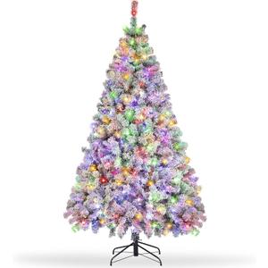 6ft Prelit Snow Flocked Christmas Tree, Artificial Christmas Trees with 250 Multicolored & Warm White Lights, Xmas Pine Tree for Holiday Home, Office, Party Indoor Outdoor Decoration