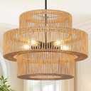 22" Boho Hand Woven Rattan Chandelier Light Fixtures, 5-Lights Farmhouse Pendant Light for Kitchen Island, 3 Round Large Wicker Chandeliers for Dining Room, Living Room, Bedroom, Hallway