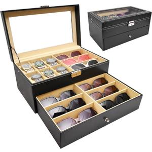Vevitts 2 Layers 6 Slots Watch Boxes and 9 Pieces Eyeglasses Sunglasses Storage,Black Leather Watch Jewelry Eyeglasses Sunglasses Display Case Organizer for Women and Men