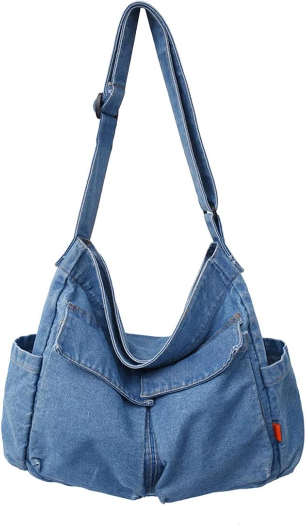Denim Shoulder Bag Canvas Messenger Bag for Women Men Tote Bag Casual Retro Aesthetic Crossbody Bag Handbag (Light Blue 2)