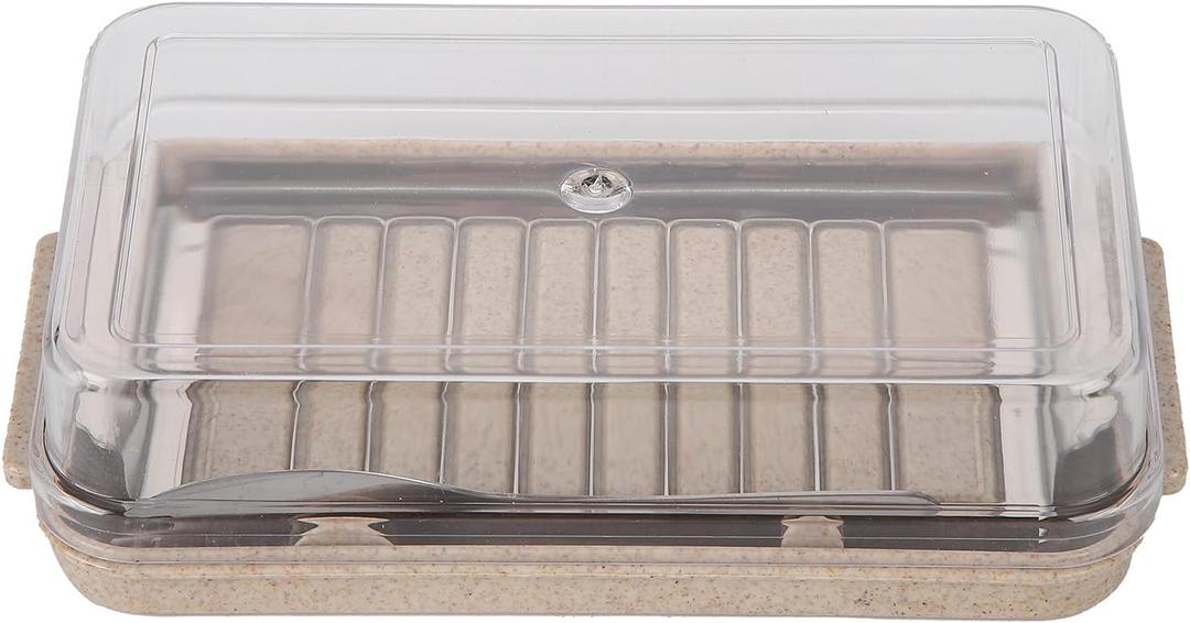 Cutter, Dish with Lid and Cutter, Stainless Steel Cutter Container Plastic Transparent Cover Cheese Storage Box for Kitchen Fridge(Wheat)