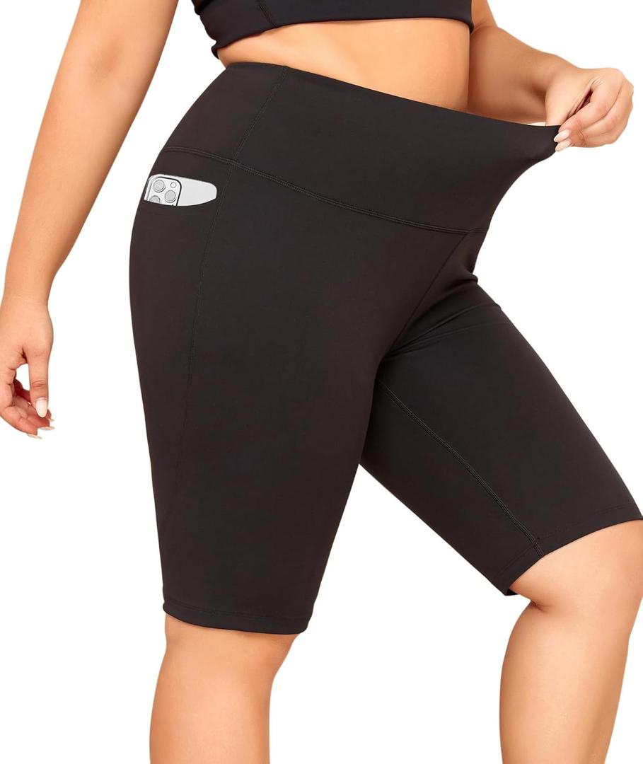 LALAGEN Women Plus Size Biker Shorts with Pockets - Tummy Control Gym Workout Running Yoga Volleyball Athletic Shorts (Black, XXXL)