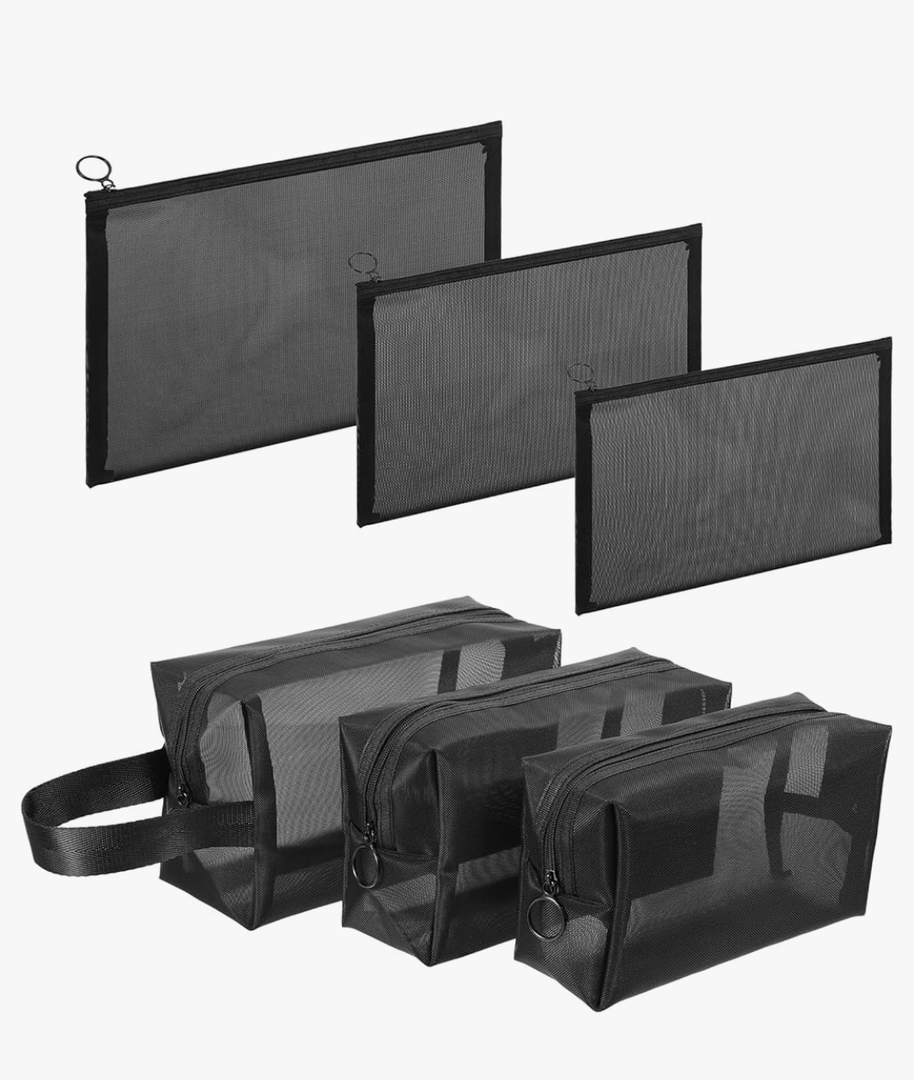 6 Pcs Black Mesh Cosmetic Bags with Zipper - Travel Toiletry Purse Organizer Pouches - Makeup Bag Mesh Storage Bags for Travel Accessories