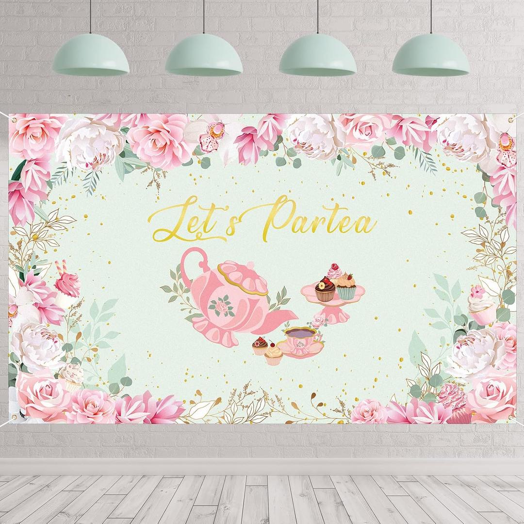 Tegeme 6 x 3.6 ft Tea Party Backdrop Decorations, Pink Floral Tea Decor Banner, Let's Partea Photo Background for Baby Bridal Shower Birthday Party Supplies(Light Green)