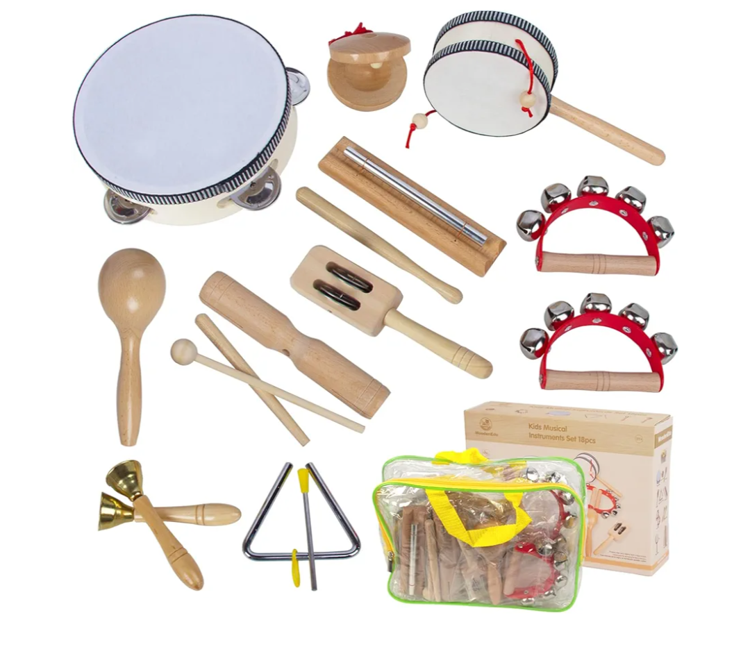 Wooden Musical Instruments Set for Toddlers 1-3, Natural Wood Percussion Instruments Xylophone Gift Set for Girls Boys Kids ,Preschool Educational Musical Toys with Storage Bag (Log Color)
