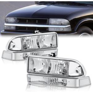 Pair Headlights Assembly Compatible with 1998-2004 Chevy Blazer S10 Pickup Headlight Replacement Chrome Housing/Clear Lens/Clear Reflector w/Bumper Lights