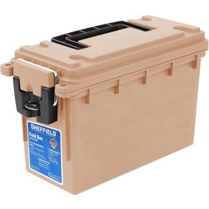 Sheffield 12627 Ammo Storage Box, Stackable .30 Cal Field Boxes, Water and Dust Resistant, Lockable Storage Box with Handle, Secures Hunting Gear, Supplies, and Bullets, Made in USA, Tan, 1-Pack