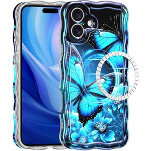 for iPhone 16 Plus Case, [Compatible with MagSafe] Oil Painting Printed Flower Laser Glossy Pattern Cute Curly Wave Edge Exquisite TPU Protective Case for Girls Women,Blue