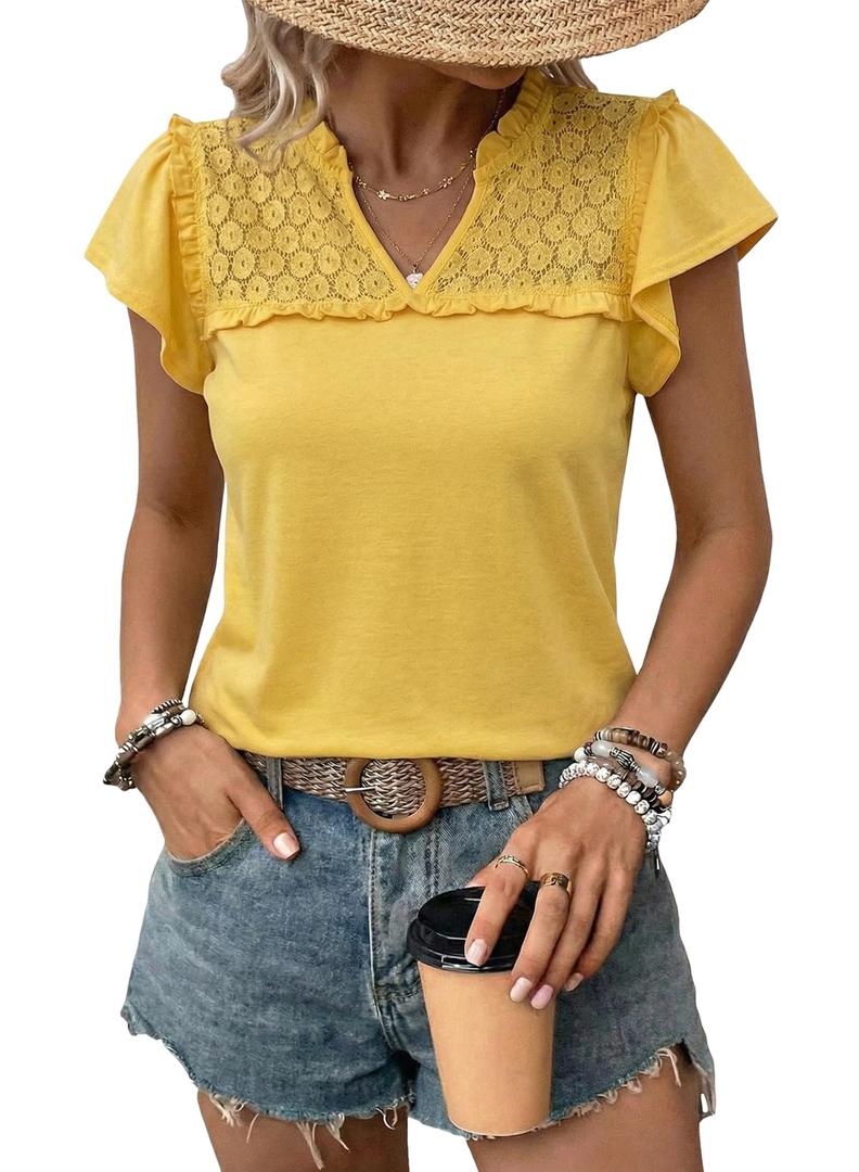 Dokotoo Womens Blouse Ruffle V Neck Short Pleated Sleeve Flowy Shirts Dressy Casual Cute Summer Tops Tunic Fashion Clothes Lace Patchwork Business Work Shirts Yellow Small