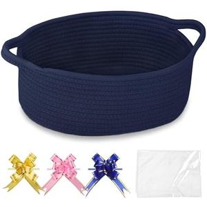 COMSE Small Woven Basket with Gift Bags and Ribbons, Gift Basket Empty, Cotton Rope Storage Organizer, Baby Toy Box with Handles, 12" x 8" x 5", Navy Blue