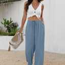 Sampeel Wide Leg Pants for Women Flowy Palazzo Drawstring Elastic Waist Trousers with Pockets Summer Beach Vacation Clothes Small