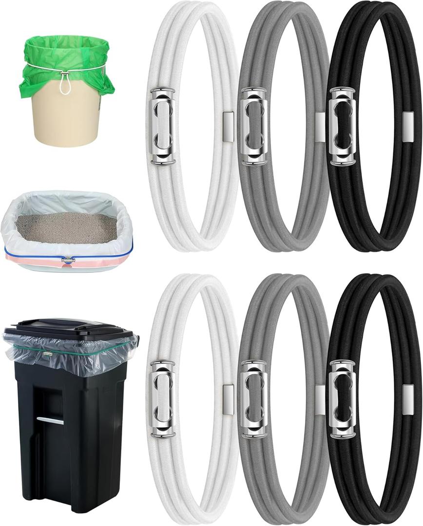 Garbage Can Rubber Bands Cord Lock Adjustable Design Trash Can Bands Fits 4-33 Gallon Trash Cans (6pcs (Black, Grey, White))