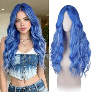Haloo Blue Wigs with Curtain Bangs for Women - Long Wavy Middle Part Natural Looking Synthetic Hair Wig for Daily Party Cosplay Costume, 26 Inch Blue Mixed Grey